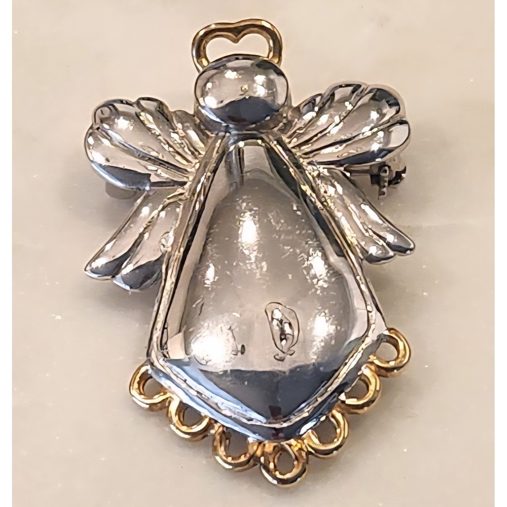 Vintage Silver‎ Tone Angel Brooch Gold Tone Details Pin Christmas Religious